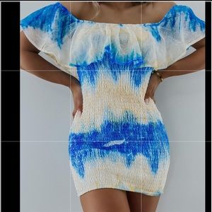 Blue Blush Tye Dye Off the Shoulder Dress